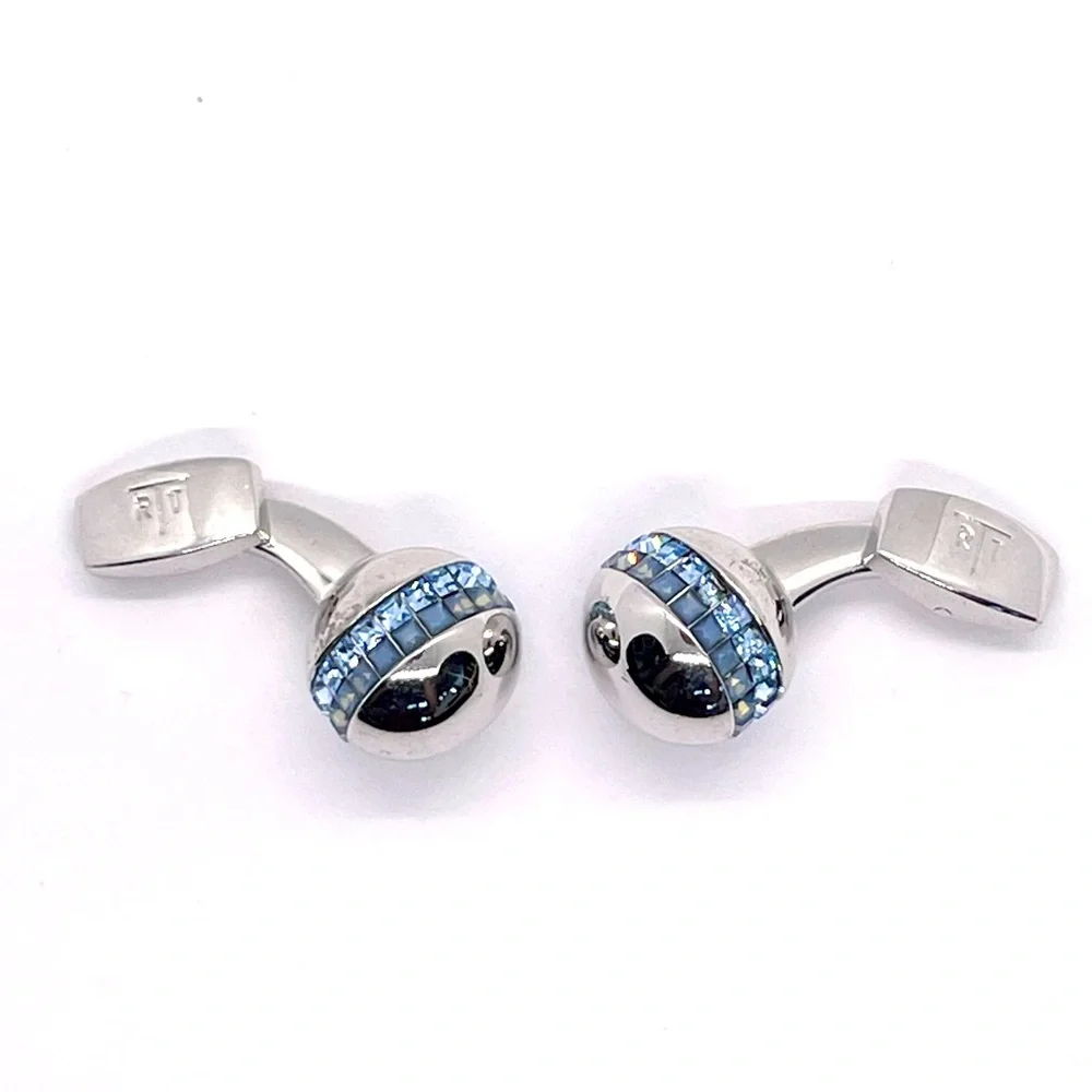R|T by Robert Tateossian London Swarovski Blue Crystal Cufflinks Rhodium w Box